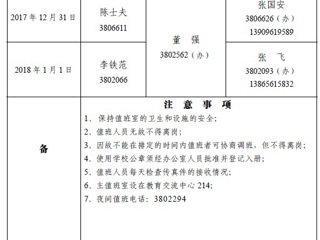 必赢76net线路官网（相山校区）学校办公室2018年元旦假期值班表